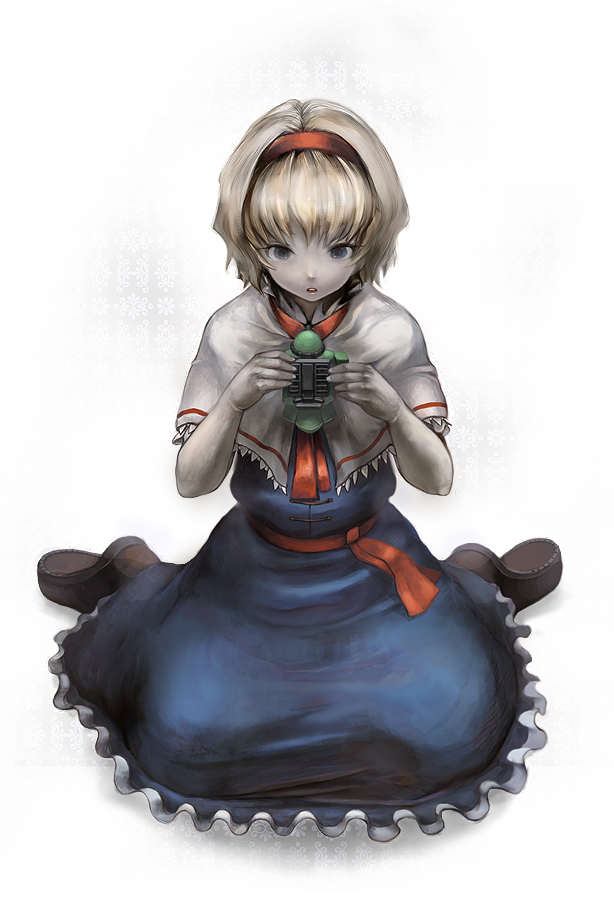 ibn, sbn (pixiv), alice margatroid, touhou, bad id, bad pixiv id, 1girl, belt, blonde hair, blue dress, blue eyes, cape, dress, female focus, hairband, looking afar, necktie, pale skin, red necktie, short hair, short sleeves, simple background, sitting, solo, wariza, white background
