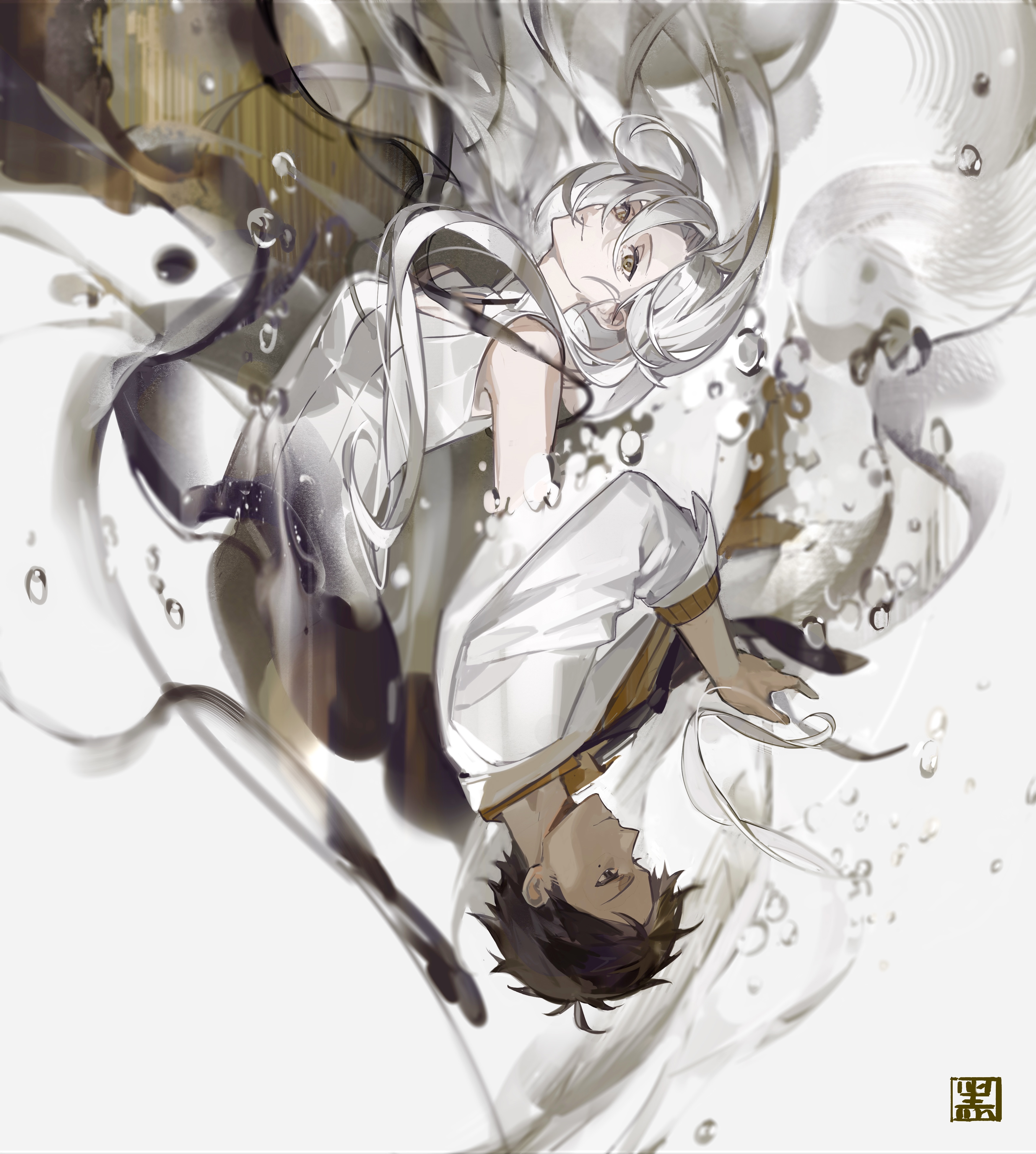 tita (titanaaaaa), olympia (olympia soiree), olympia soiree, absurdres, highres, 1boy, 1girl, air bubble, bare shoulders, black necktie, brown eyes, brown hair, brown shirt, bubble, closed mouth, collared shirt, couple, dress, expressionless, floating hair, from side, hetero, kuroba (olympia soiree), lab coat, long hair, long sleeves, looking at viewer, looking down, necktie, parted bangs, profile, rotational symmetry, seal impression, shirt, short bangs, short hair, sleeveless, sleeveless dress, sleeves rolled up, smile, upside-down, white background, white dress, white hair, yellow eyes