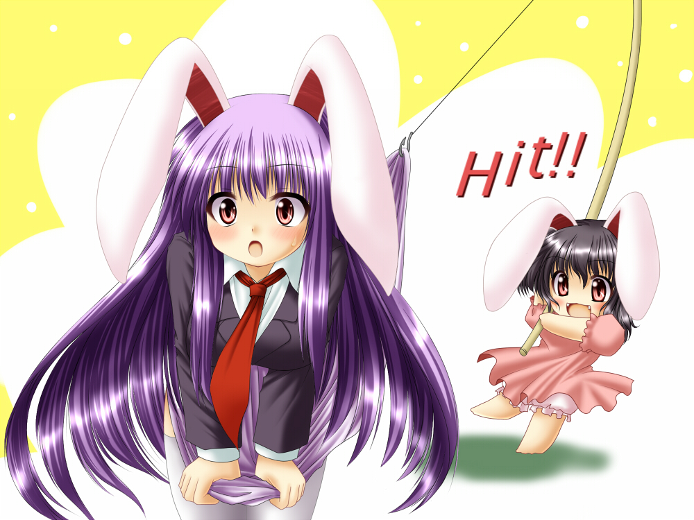 chitose (pixiv), kagura chitose, inaba tewi, reisen udongein inaba, touhou, 2girls, animal ears, assisted exposure, bloomers, female focus, fishing rod, holding, holding fishing rod, multiple girls, rabbit ears, underwear