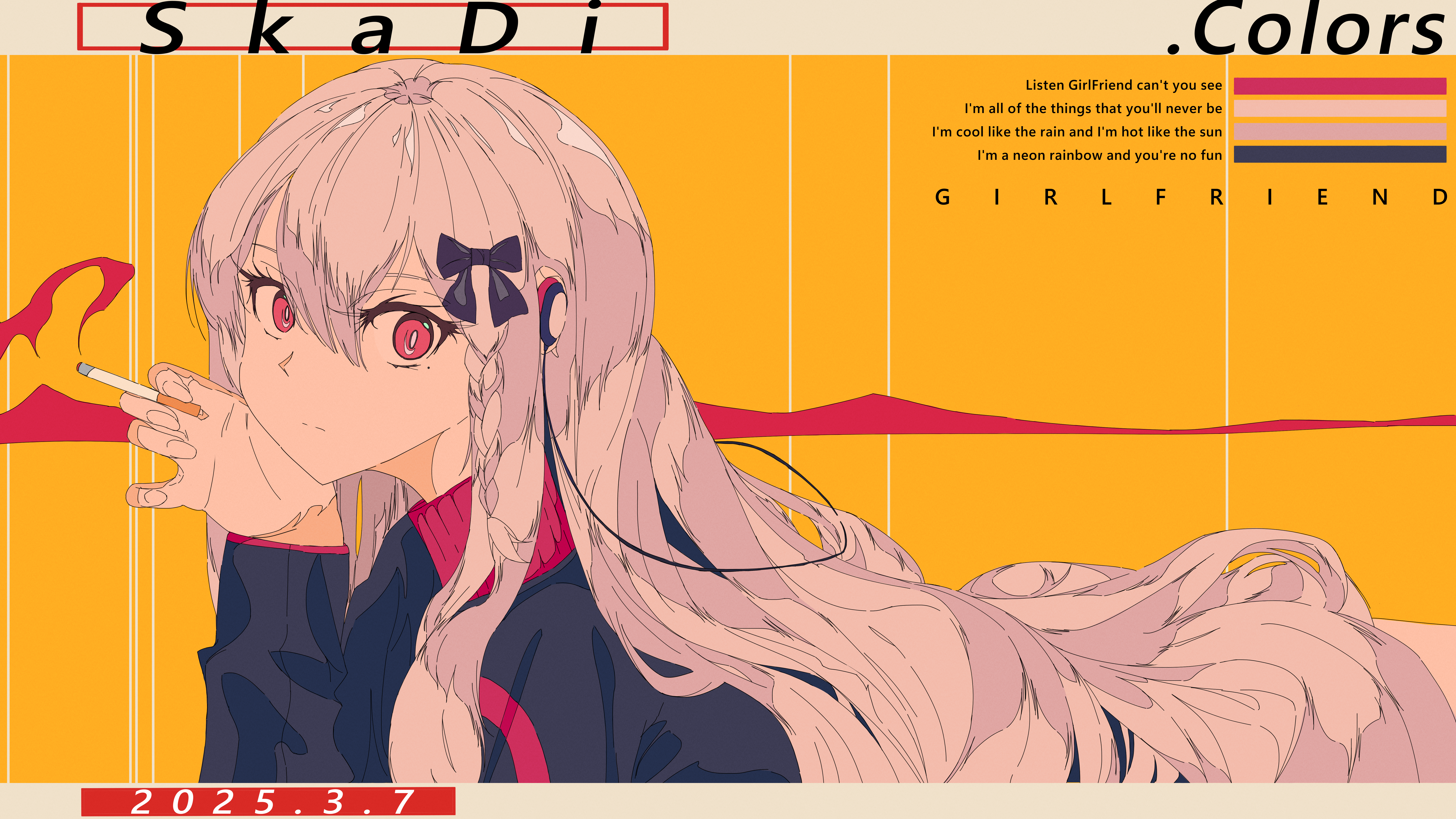 sxxr7352, skadi (arknights), arknights, absurdres, highres, birthday, bow, braid, braided sidelock, character name, cigarette, closed mouth, dated, english text, grey hair, hair between eyes, hair bow, hair ribbon, holding, holding cigarette, letterboxed, light frown, long hair, looking at viewer, red eyes, red shirt, ribbon, shirt, simple background, smoking, sweater, tobacco, turtleneck, upper body, very long hair, yellow background