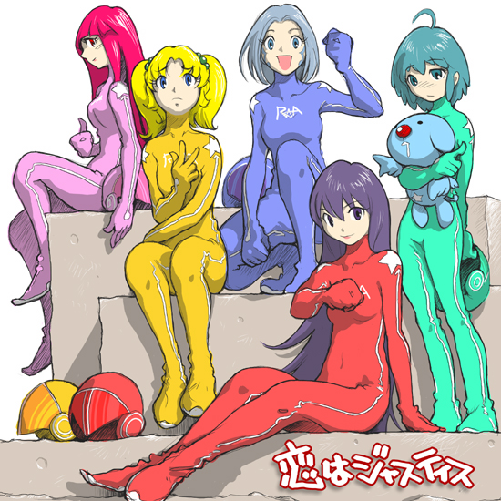 non-web source, 5girls, blonde hair, blue bodysuit, blue eyes, blue hair, bodysuit, green eyes, green hair, helmet, long hair, multiple girls, purple eyes, purple hair, red eyes, red hair, short hair, tokusatsu, twintails