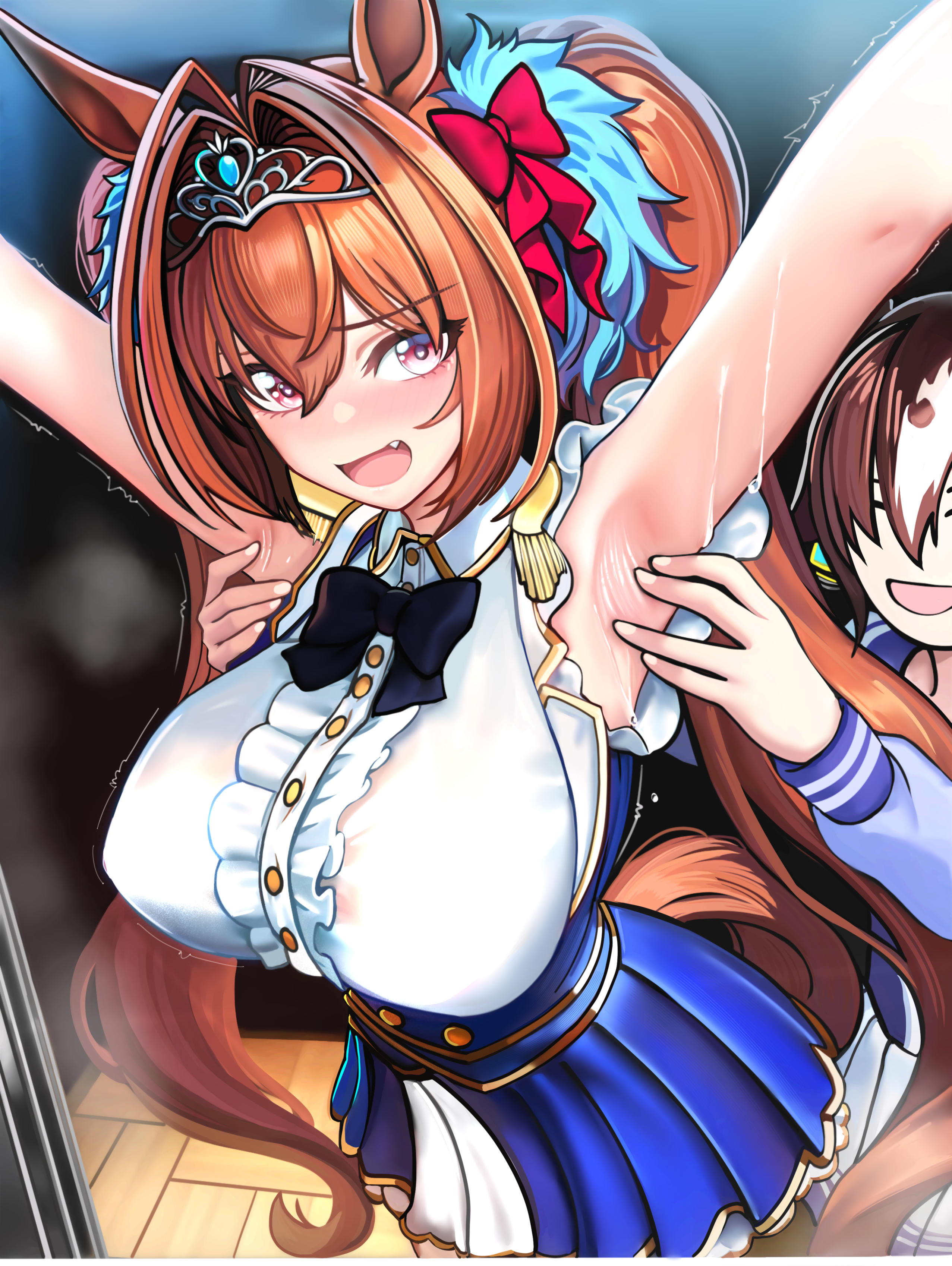 asdkd123, daiwa scarlet (umamusume), vodka (umamusume), umamusume, absurdres, highres, 2girls, animal ears, armpits, breasts, brown hair, horse ears, horse girl, large breasts, looking at viewer, multiple girls, sweat, thighs, tiara, tickling, twintails