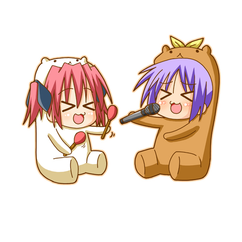 minami (colorful palette), bear tsukasa, bear yutaka, capybara-san, hiiragi tsukasa, kobayakawa yutaka, lucky star, lowres, non-web source, > <, > <, 2girls, :3, animal costume, bear costume, blush, chibi, closed eyes, cosplay, instrument, karaoke, maracas, microphone, multiple girls, music, open mouth, rilakkuma bear, simple background, singing, sitting, x3