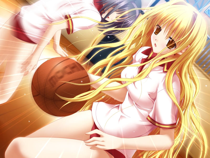 tatsumi neon, arisuma katsumi, arisumi katsumi, ojousama kumikyoku, game cg, non-web source, 2girls, ball, basketball, basketball (object), blonde hair, brown eyes, buruma, gym uniform, motion blur, multiple girls, sweat