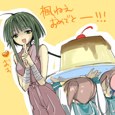 nagase kaede, narutaki fumika, narutaki fuuka, mahou sensei negima!, lowres, translated, 00s, 3girls, ahoge, food, green eyes, green hair, heart, multiple girls, ninja, oekaki, one eye closed, pudding, siblings, sisters, twintails, wink