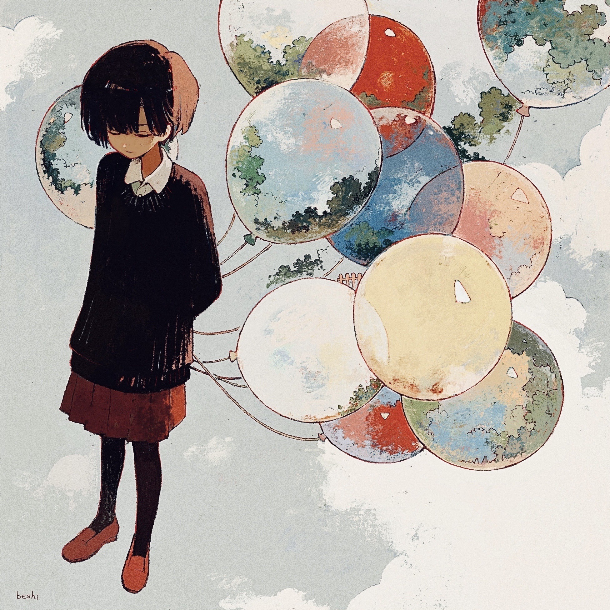 ka (996beshi), original, highres, 1girl, balloon, brown hair, closed eyes, cloud, cloudy sky, facing away, faux traditional media, holding, holding balloon, leaf, muted color, pantyhose, reflective surface, sepia, short hair, sky, sweater