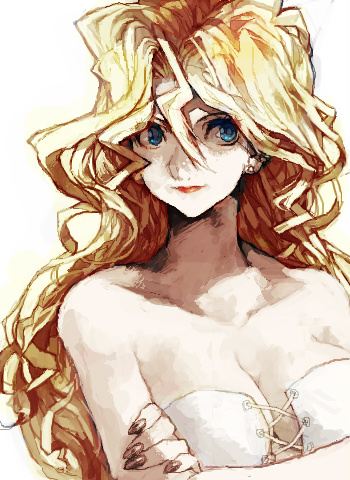 aoki (fumomo), kujaku mai, yu-gi-oh!, yu-gi-oh! duel monsters, yuu-gi-ou, lowres, 1girl, bare shoulders, blonde hair, blue eyes, breasts, bustier, cleavage, corset, crossed arms, earrings, female focus, fingernails, jewelry, large breasts, lips, long hair, simple background, smile, solo
