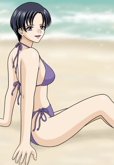 taishita, natarle badgiruel, gundam, gundam seed, non-web source, 00s, beach, bikini, black hair, day, purple bikini, purple eyes, short hair, side-tie bikini bottom, sitting, solo, swimsuit