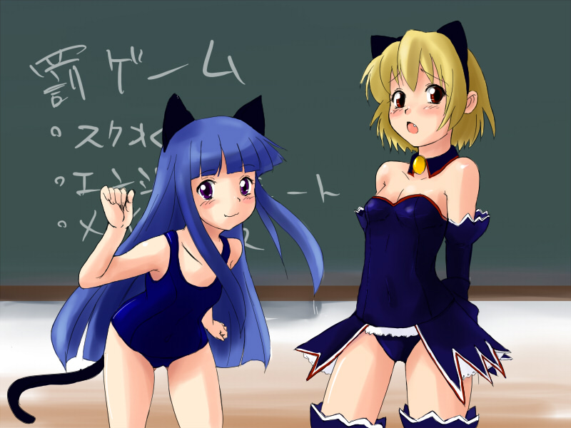 sechisu, furude rika, houjou satoko, higurashi no naku koro ni, translation request, 00s, 2girls, angel mort, animal ears, blonde hair, blue hair, breasts, cat ears, cat tail, chalkboard, choker, cleavage, detached collar, detached sleeves, fang, long hair, medium breasts, multiple girls, one-piece swimsuit, paw pose, purple eyes, red eyes, school swimsuit, short hair, swimsuit, tail, thighhighs