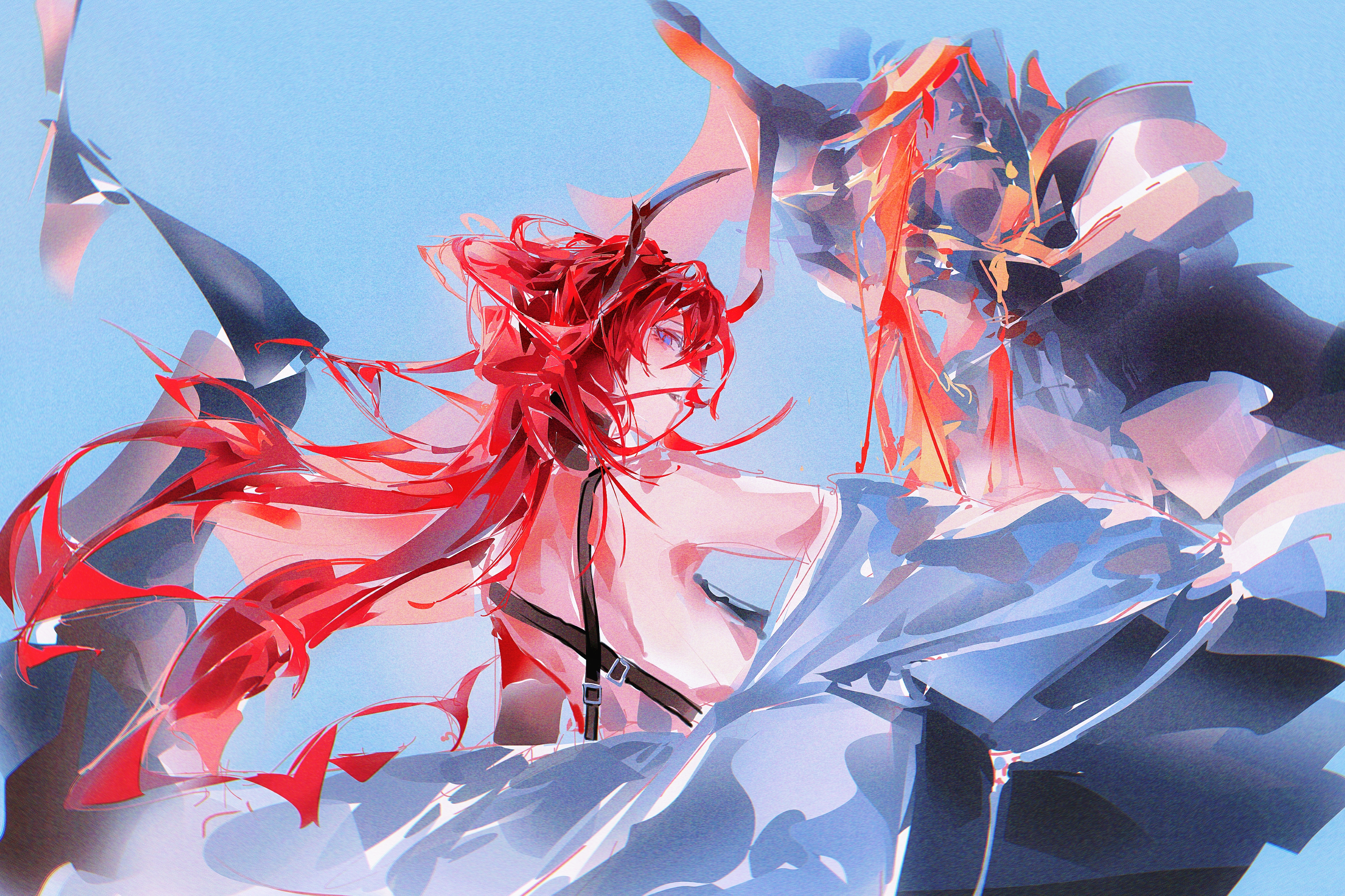 hachi shoku mare, surtr (arknights), arknights, absurdres, highres, bare shoulders, black jacket, blue background, breasts, criss-cross back-straps, criss-cross straps, floating hair, from behind, horns, jacket, long hair, looking at viewer, looking back, open clothes, open jacket, open mouth, profile, purple eyes, red hair, sideboob, strap, upper body, very long hair