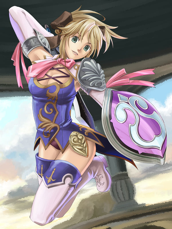 ryou (pixiv22748), cassandra alexandra, namco, soul calibur, soulcalibur, soulcalibur iv, 1girl, armor, blonde hair, boots, breasts, cleavage, female focus, green eyes, hair ribbon, medium breasts, necktie, panties, pink necktie, ribbon, shield, short hair, solo, thigh boots, thighhighs, underwear