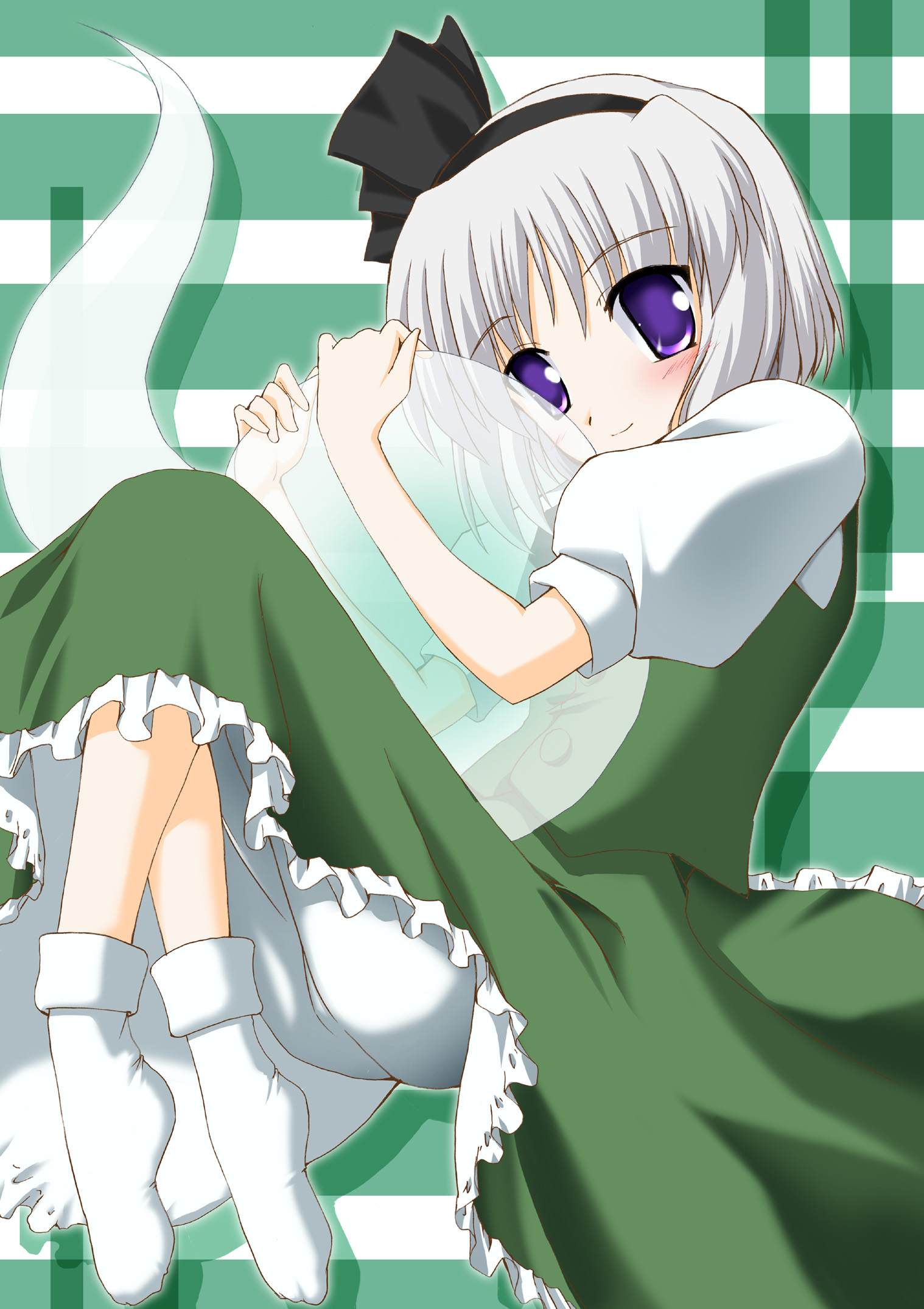 gomzaburo (yuugen jikkou), konpaku youmu, konpaku youmu (ghost), touhou, silver hair, highres, 1girl, female focus, ghost, hitodama, purple eyes, ribbon, school uniform, serafuku, short hair, solo