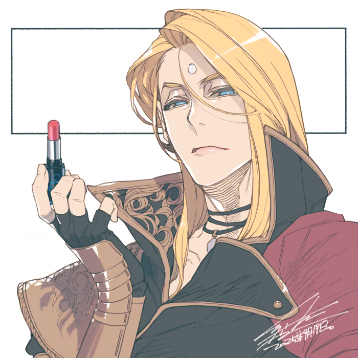 hiryuu (kugelcruor), zenos yae galvus, final fantasy, final fantasy xiv, 1boy, armor, bishounen, black coat, black gloves, blonde hair, blue eyes, cloak, closed mouth, coat, cosmetics, dated, facial mark, fingerless gloves, forehead mark, gloves, gold trim, hair between eyes, holding, holding lipstick tube, lipstick tube, long hair, male focus, parted bangs, popped collar, red cloak, shoulder armor, signature, solo, upper body, white background