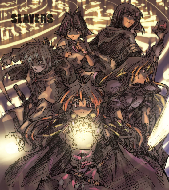 asato, amelia wil tesla seyruun, gourry gabriev, lina inverse, xelloss, zelgadiss graywords, slayers, bad id, bad pixiv id, 2girls, 3boys, copyright name, multiple boys, multiple girls