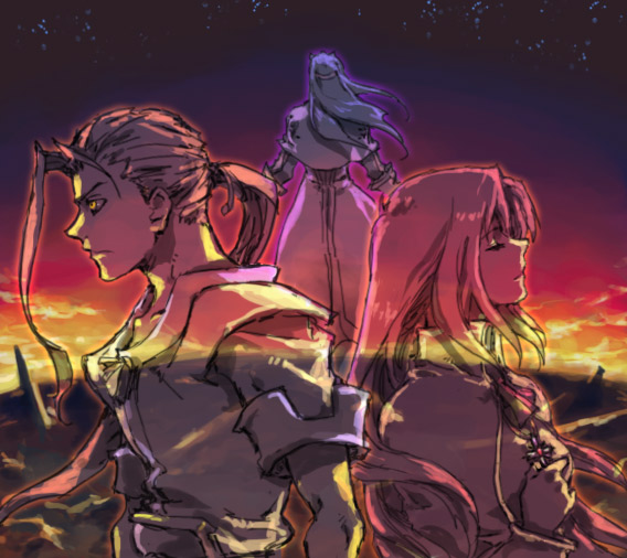 asato, elhaym van houten, fei fong wong, krelian, krelian (xenogears), xenogears, bad id, bad pixiv id, 1girl, 2boys, ahoge, armor, cloak, earrings, evening, from side, jewelry, long hair, long sleeves, multiple boys, ponytail, profile, single hair intake, sunlight, sunset, transparent, upper body