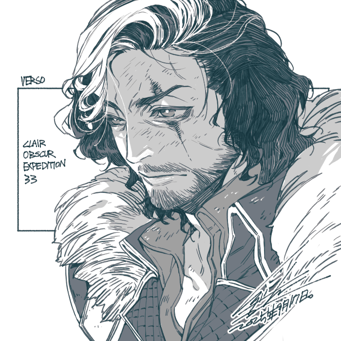 hiryuu (kugelcruor), verso (clair obscur: expedition 33), clair obscur: expedition 33, 1boy, beard, black hair, character name, closed mouth, copyright name, dated, facial hair, fur-trimmed jacket, fur trim, jacket, male focus, mature male, medium hair, multicolored hair, scar, scar across eye, scar on face, signature, solo, streaked hair, swept bangs, upper body, wavy hair, white background, white hair