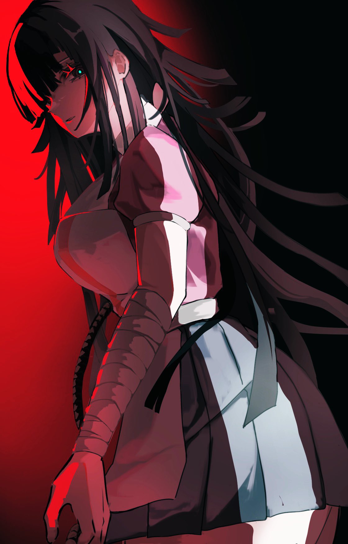 taku an (hayasidesuyo123), tsumiki mikan, danganronpa (series), danganronpa 2: goodbye despair, highres, 1girl, apron, bandaged arm, bandages, black background, black hair, blue skirt, breasts, from side, large breasts, long hair, looking at viewer, miniskirt, open mouth, pink shirt, pleated skirt, puffy short sleeves, puffy sleeves, red background, shirt, short sleeves, sideways glance, skirt, solo, white apron