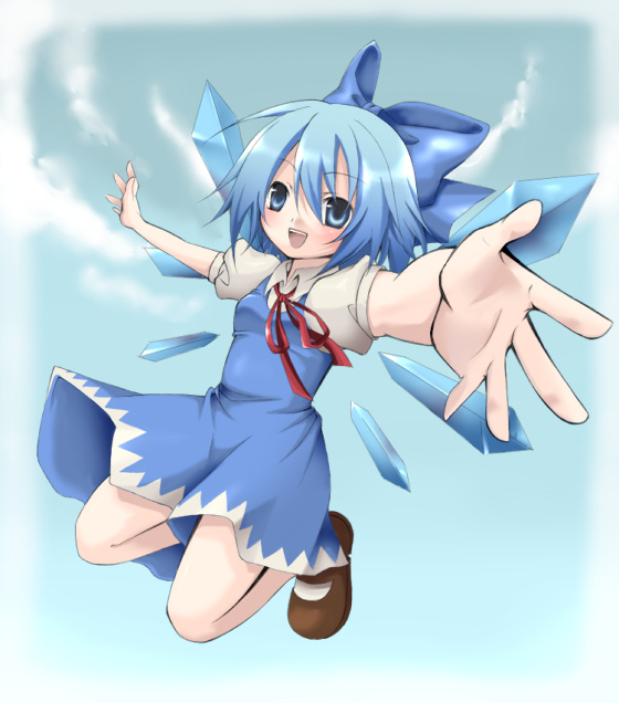 nekomoto, nu (pixiv), cirno, embodiment of scarlet devil, touhou, 1girl, blue eyes, blue hair, female focus, foreshortening, jumping, mary janes, matching hair/eyes, ribbon, shoes, short hair, solo, wings