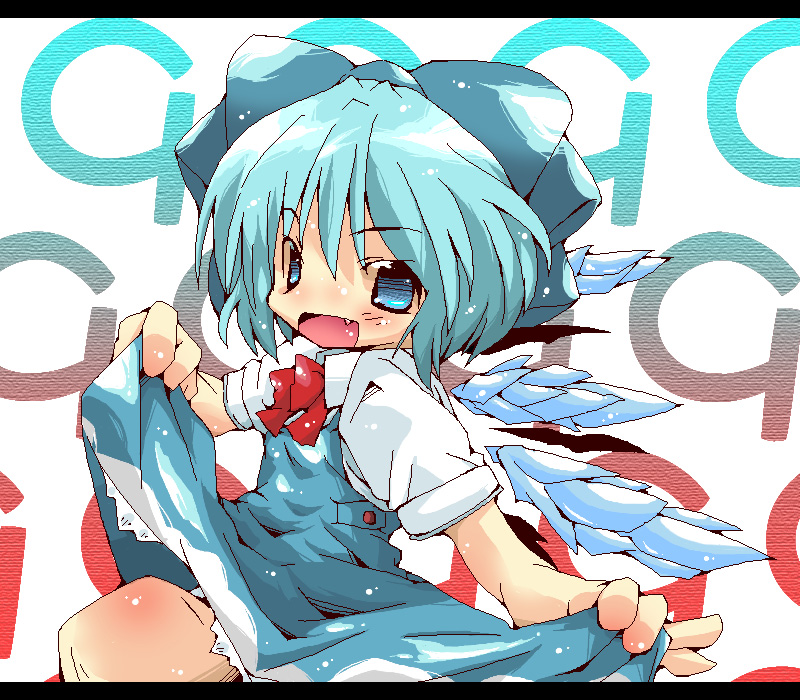 beef (gonzou), gonzou (artist), cirno, phantasmagoria of flower view, touhou, 1girl, blue eyes, blue hair, blush, fang, female focus, looking at viewer, matching hair/eyes, open mouth, ribbon, short hair, solo, wings