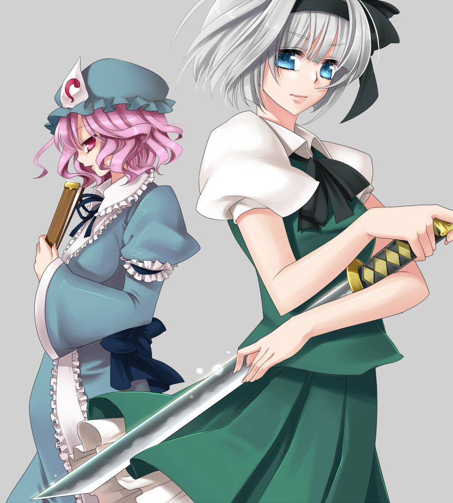 asuka226, asuka setsuna, konpaku youmu, saigyouji yuyuko, touhou, silver hair, bad id, bad pixiv id, 2girls, blue eyes, female focus, folded fan, folding fan, hand fan, hat, katana, multiple girls, pink hair, red eyes, ribbon, short hair, sword, weapon