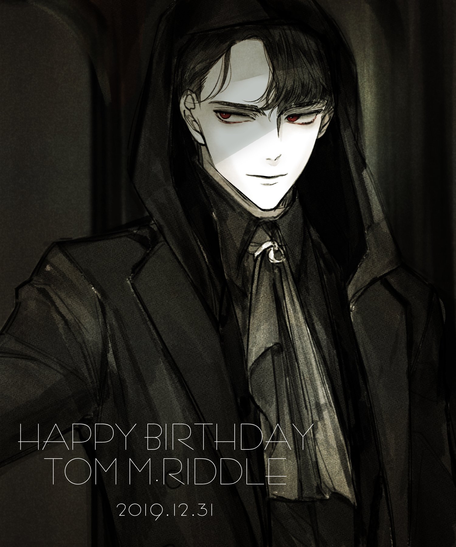 ranpang 117, tom marvolo riddle, harry potter (series), wizarding world, highres, 1boy, black hair, black hoodie, english text, formal clothes, hood, hoodie, looking to the side, male focus, open mouth, pale skin, red eyes, robe, smile, solo, suit, upper body