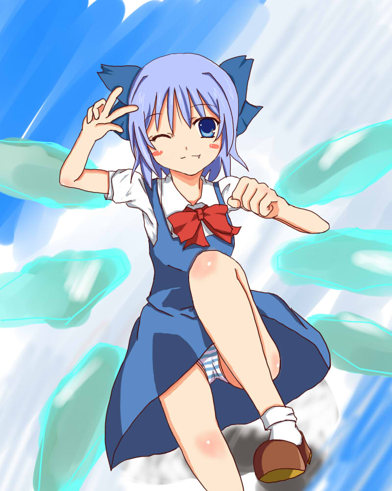 dogeza emon, cirno, embodiment of scarlet devil, touhou, 1girl, blue hair, dress, fang, female focus, flying, gradient background, outdoors, panties, ribbon, short hair, sky, solo, underwear, wings