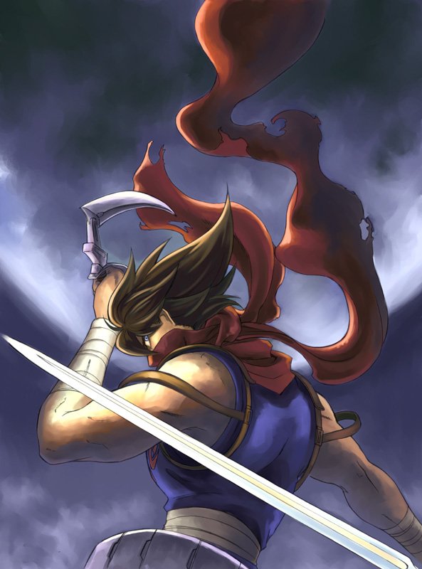 ryou (pixiv22748), strider hiryuu, capcom, strider (video game), 1boy, brown hair, male focus, manly, moon, ninja, outdoors, red scarf, scarf, sky, solo, sword, weapon