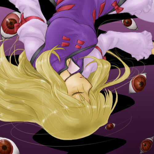 yoshi tama, yakumo yukari, touhou, lowres, 1girl, blonde hair, breasts, eye focus, female focus, gap (touhou), gradient background, sleeping, solo, upper body