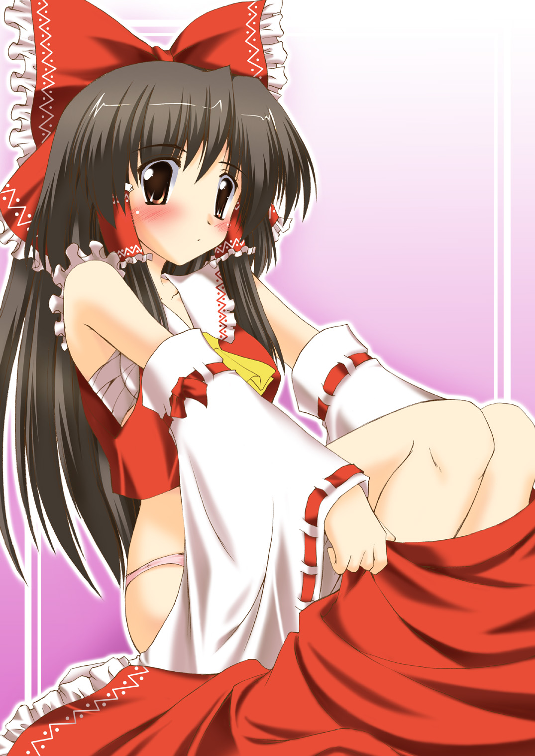 gomzaburo (yuugen jikkou), hakurei reimu, imperishable night, touhou, highres, 1girl, female focus, gradient background, japanese clothes, miko, panties, ribbon, skirt, solo, underwear, white background