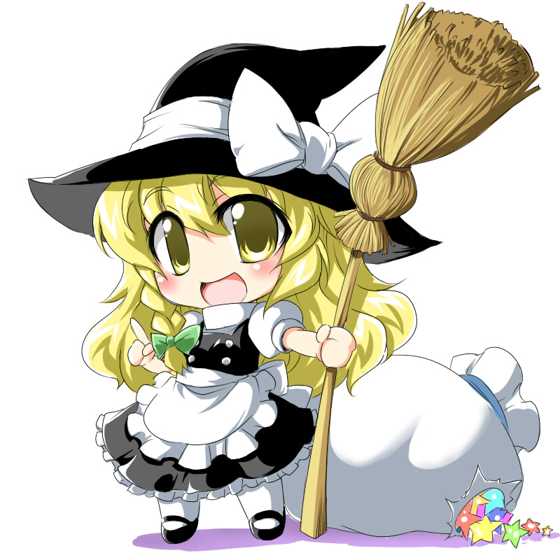 tajima yuuki, kirisame marisa, touhou, 1girl, blonde hair, broom, chibi, dress, female focus, full body, hat, long hair, pointing, ribbon, sack, simple background, solo, white background, yellow eyes
