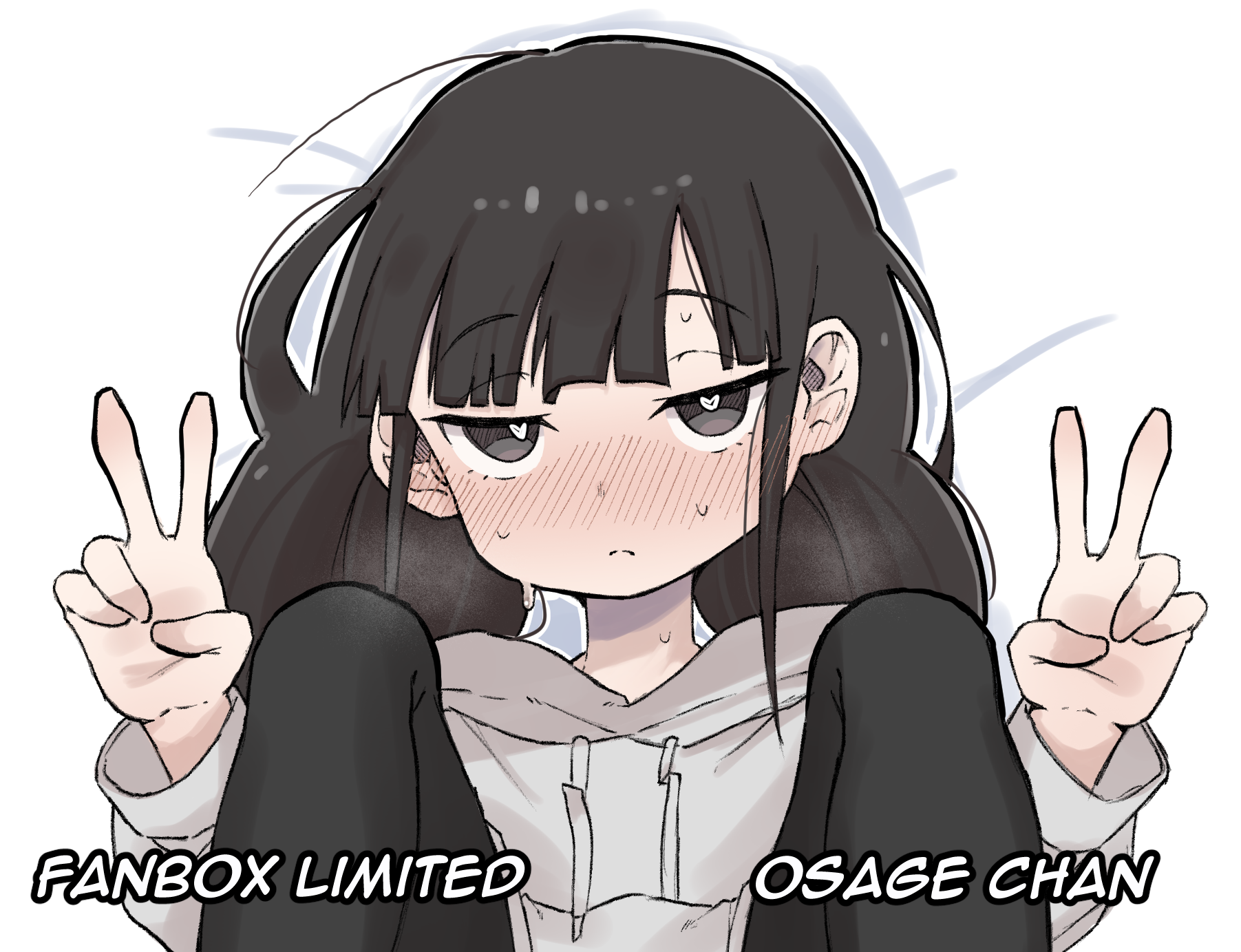 zlix0n, osage (nukunuku nigirimeshi), original, highres, paid reward available, 1girl, bed, black eyes, black hair, blush, borrowed character, double v, full-face blush, heart, heart-shaped pupils, hood, hoodie, long hair, lying, on back, on bed, spread legs, symbol-shaped pupils, v