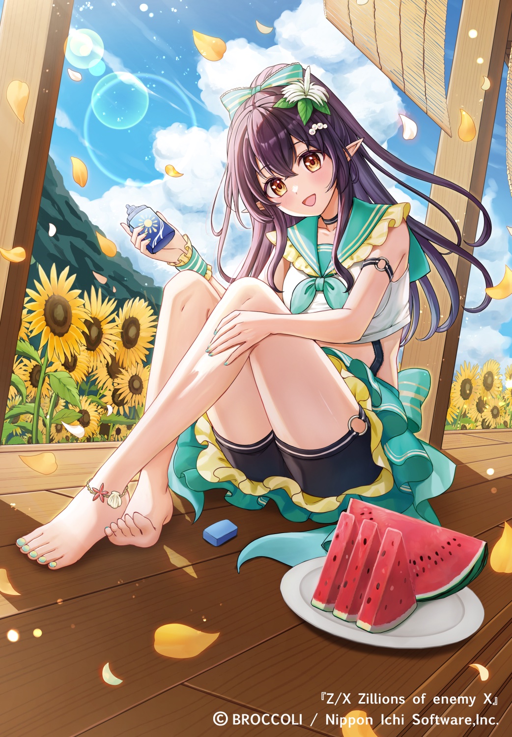 nyamaso, z/x, highres, official art, 1girl, applying sunscreen, aqua nails, black choker, black hair, black shorts, blue sky, bottle, choker, cloud, cloudy sky, copyright notice, crossed ankles, flower, food, frilled cuffs, frilled sailor collar, frills, fruit, green neckerchief, green sailor collar, hair flower, hair ornament, hand on own leg, high ponytail, holding, holding bottle, long hair, looking at viewer, midriff, neckerchief, open mouth, pecteilis, petals, plate, pointy ears, ponytail, sailor collar, shirt, short shorts, shorts, sitting, sky, sleeveless, sleeveless shirt, solo, sunflower, veranda, watermelon, watermelon slice, white shirt, yellow eyes