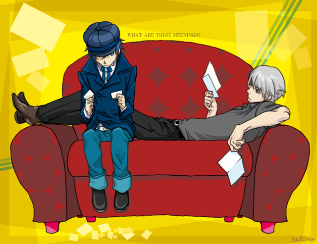 mizuno (hal0527), narukami yu, shirogane naoto, atlus, persona, persona 4, silver hair, 1boy, 1girl, androgynous, blue hair, boots, card, couch, english text, engrish text, hat, holding, holding card, newsboy cap, ranguage, reverse trap, short hair