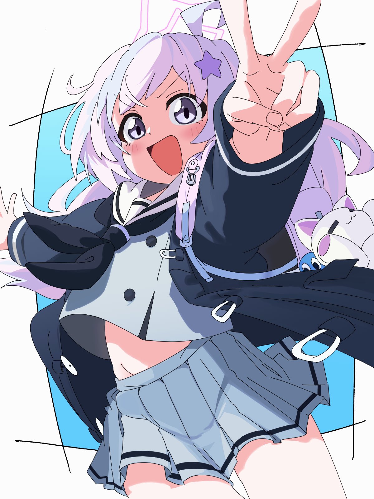 minami linli, reisa (blue archive), blue archive, highres, 1girl, backpack, bag, cowboy shot, hair ornament, long hair, long sleeves, looking at viewer, navel, open mouth, pleated skirt, sailor collar, school uniform, skirt, smile, solo, star (symbol), v