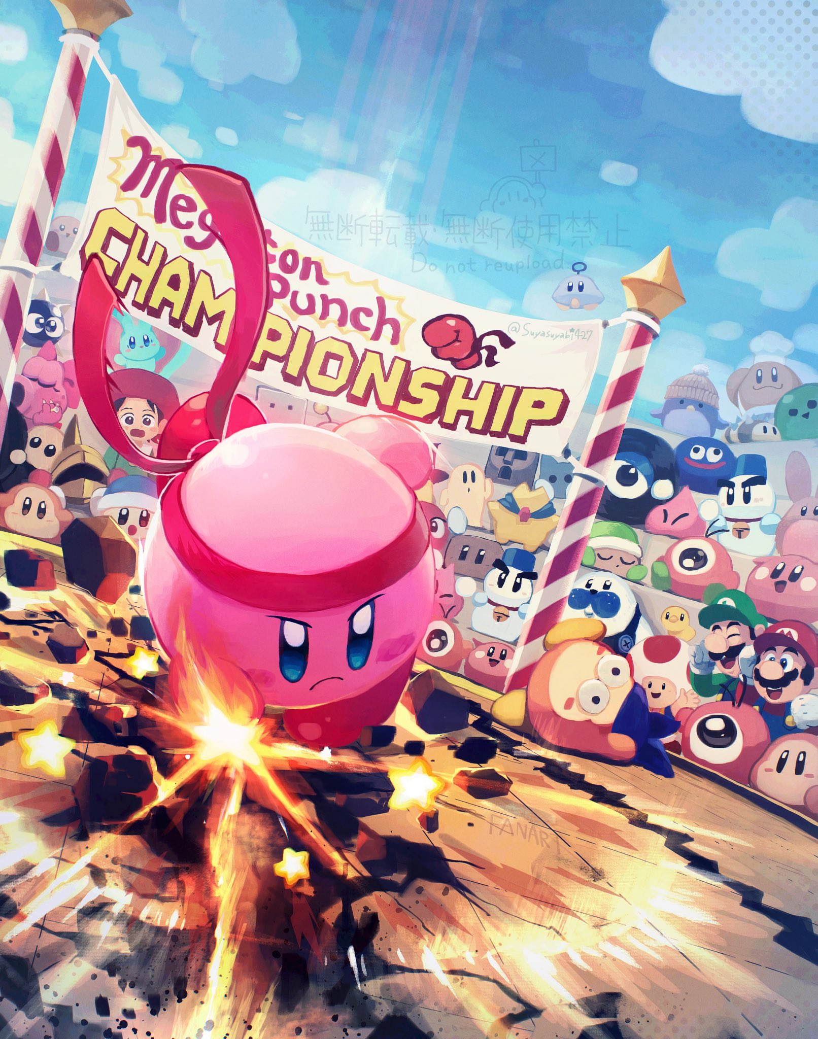 suyasuyabi, adeleine, bandana waddle dee, chef kawasaki, chilly (kirby), elfilin, gooey (kirby), kirby, luigi, mario, starman (kirby), waddle dee, waddle doo, kirby (series), mario (series), nintendo, character request, highres, 1girl, 2boys, :d, bandana, blue bandana, blue eyes, blue overalls, blue sky, blush stickers, closed mouth, cloud, crack, day, facial hair, frown, gloves, green hat, green shirt, hat, headband, multiple boys, mustache, one-eyed, open mouth, outdoors, overalls, punching, red hat, red headband, red shirt, shirt, sky, smile, snowman, watermark, white gloves