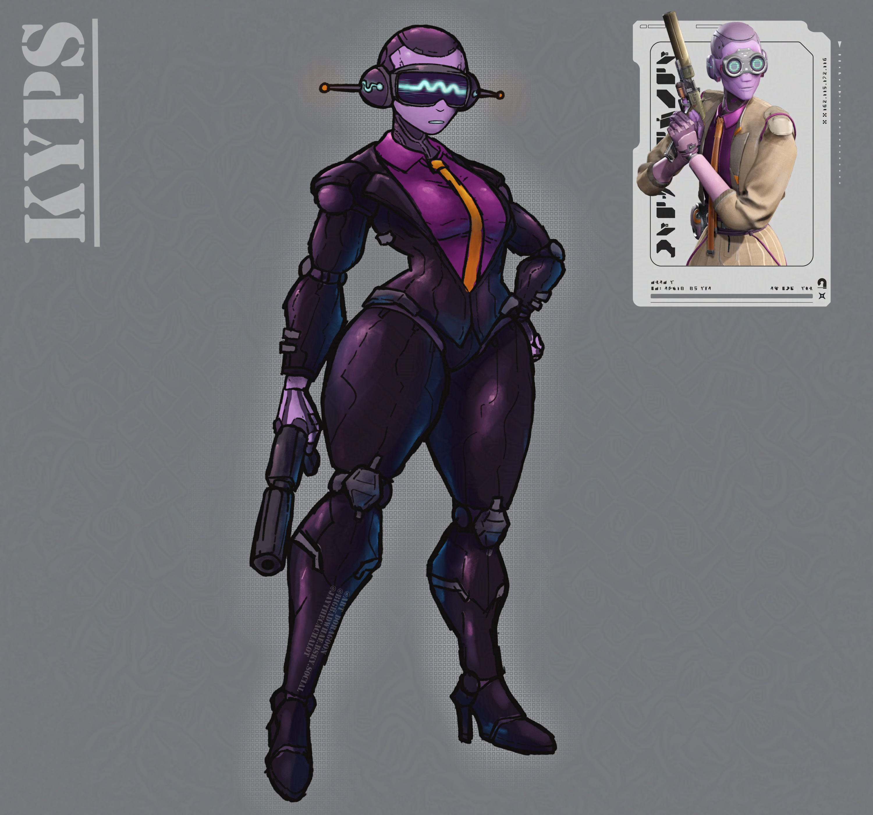 pekyking, concord (game), absurdres, commentary, english commentary, highres, 1girl, android, artist name, breasts, character name, full body, grey background, gun, hand on own hip, high heels, holding, holding gun, holding weapon, kyps (concord), medium breasts, necktie, purple skirt, redesign, robot, simple background, skirt, solo, standing, thick thighs, thighs, watermark, weapon