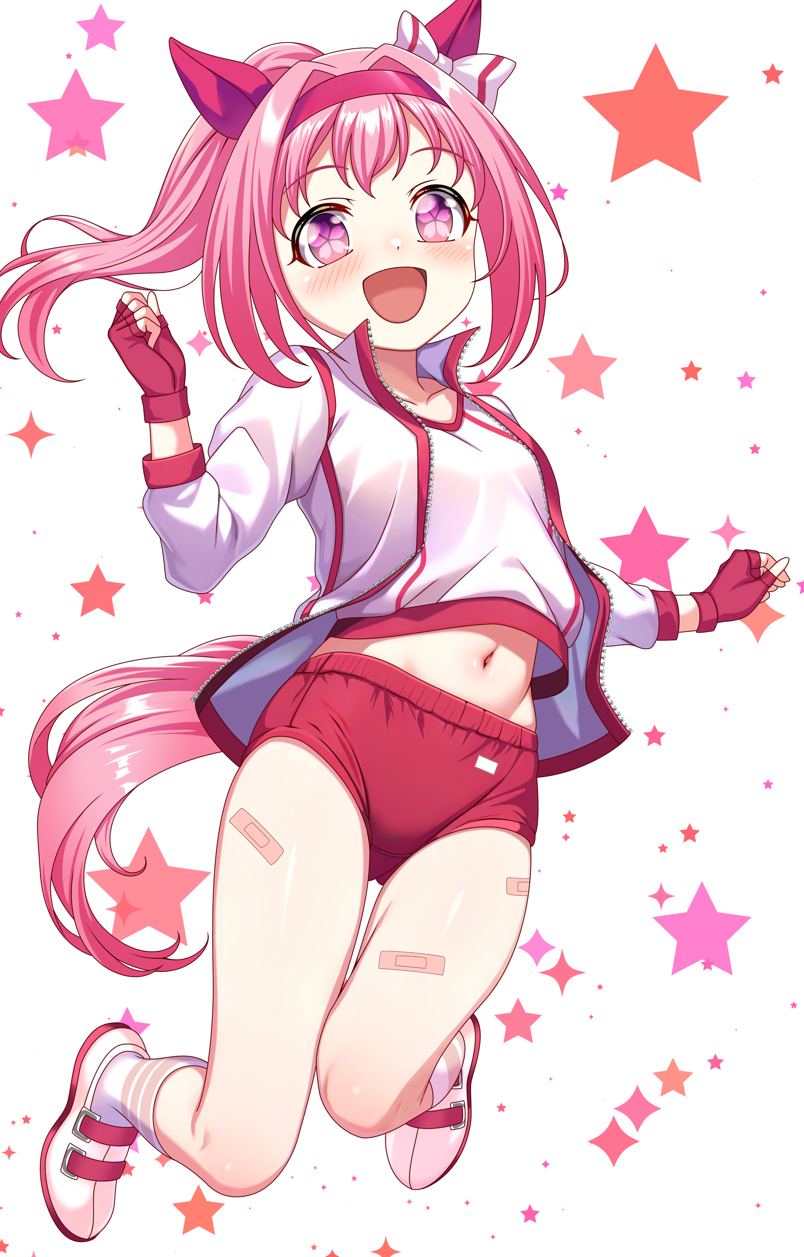 sho2, haru urara (bestest prize) (umamusume), haru urara (umamusume), umamusume, absurdres, commentary, highres, 1girl, :d, animal ears, bandaid, bandaid on leg, blush, bow, breasts, buruma, clenched hand, collarbone, ear bow, ear covers, fingerless gloves, flower-shaped pupils, full body, gloves, gym uniform, hand up, headband, horse ears, horse girl, horse tail, jacket, long hair, long sleeves, looking at viewer, navel, open clothes, open jacket, open mouth, pink hair, ponytail, red buruma, red gloves, red headband, shirt, shoes, shorts, small breasts, smile, sneakers, socks, solo, star (symbol), striped clothes, striped socks, symbol-shaped pupils, symbol in eye, tail, track jacket, white background, white bow, white jacket, white shirt, white shoes