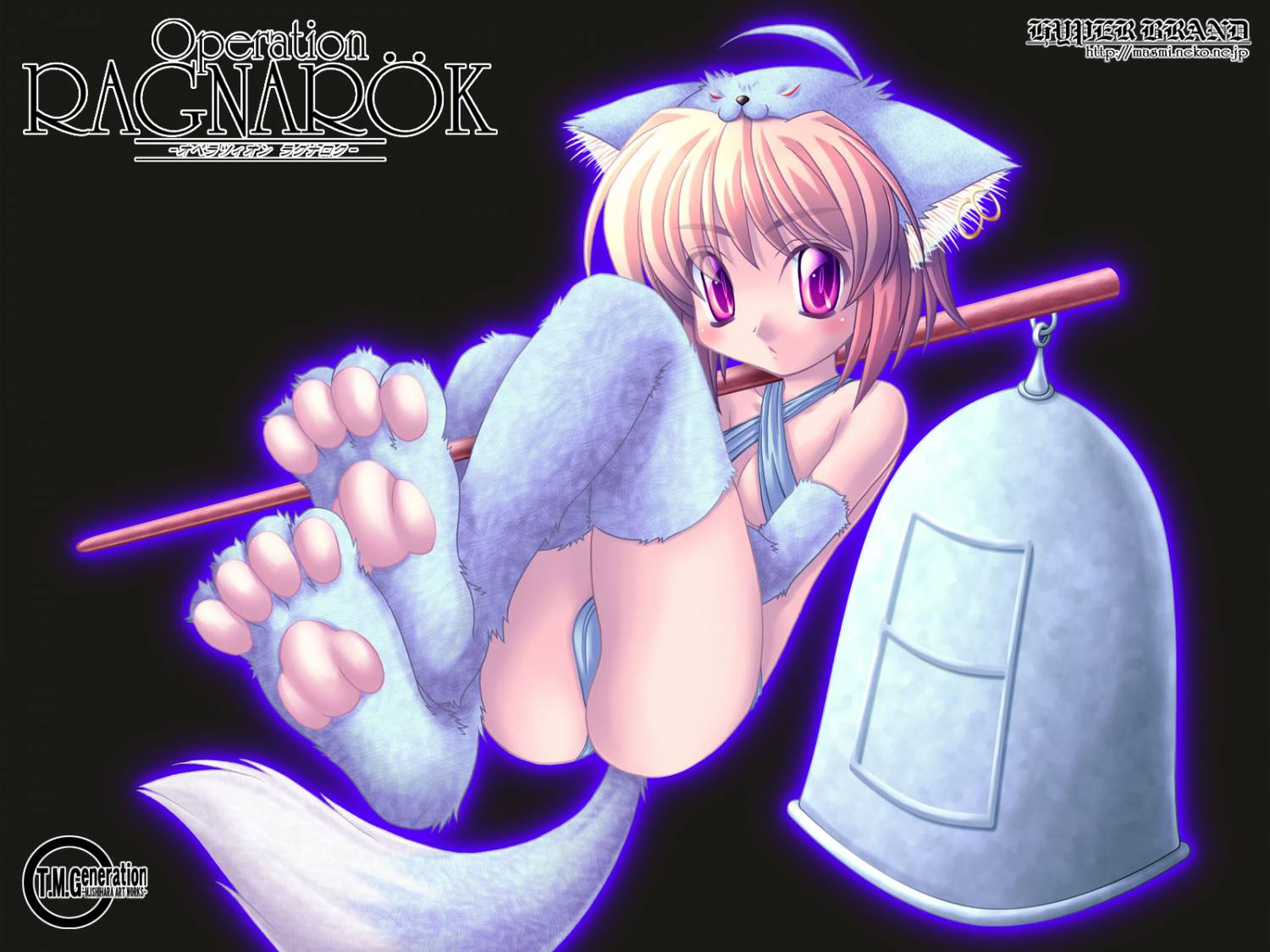 ishihara masumi, cat o' nine tails (raganarok online), ragnarok online, 1girl, animal ears, bell, blue hat, cat o' nine tails, female focus, fox, fox ears, hat, red eyes, solo, tail, whip