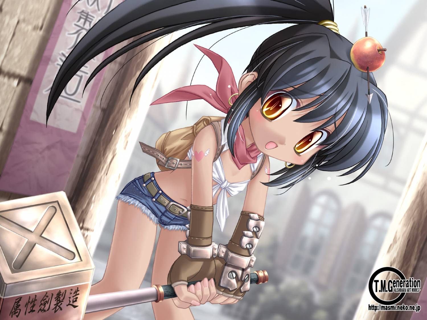 ishihara masumi, ragnarok online, 1girl, apple, black hair, blacksmith, dark skin, denim, denim shorts, food, food as clothes, fruit, hammer, ponytail, scarf, shorts, tattoo, yellow eyes