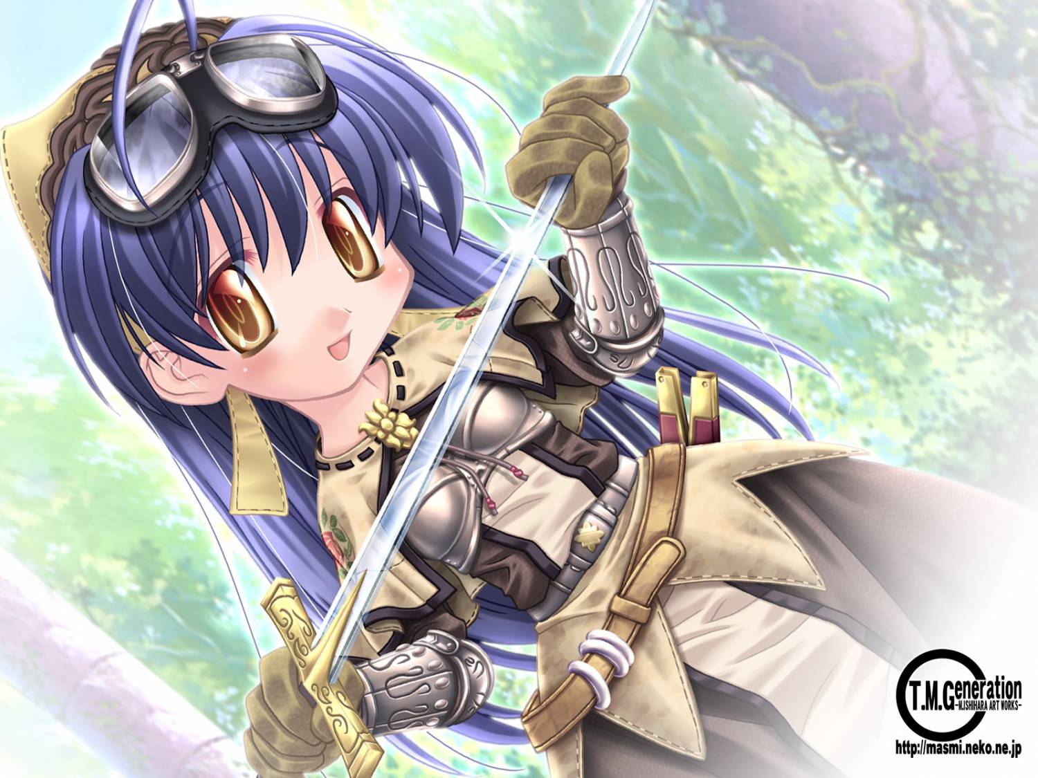 ishihara masumi, swordsman (ragnarok online), ragnarok online, 1girl, blue hair, female focus, goggles, laughing, solo, sword, swordman, weapon, yellow eyes