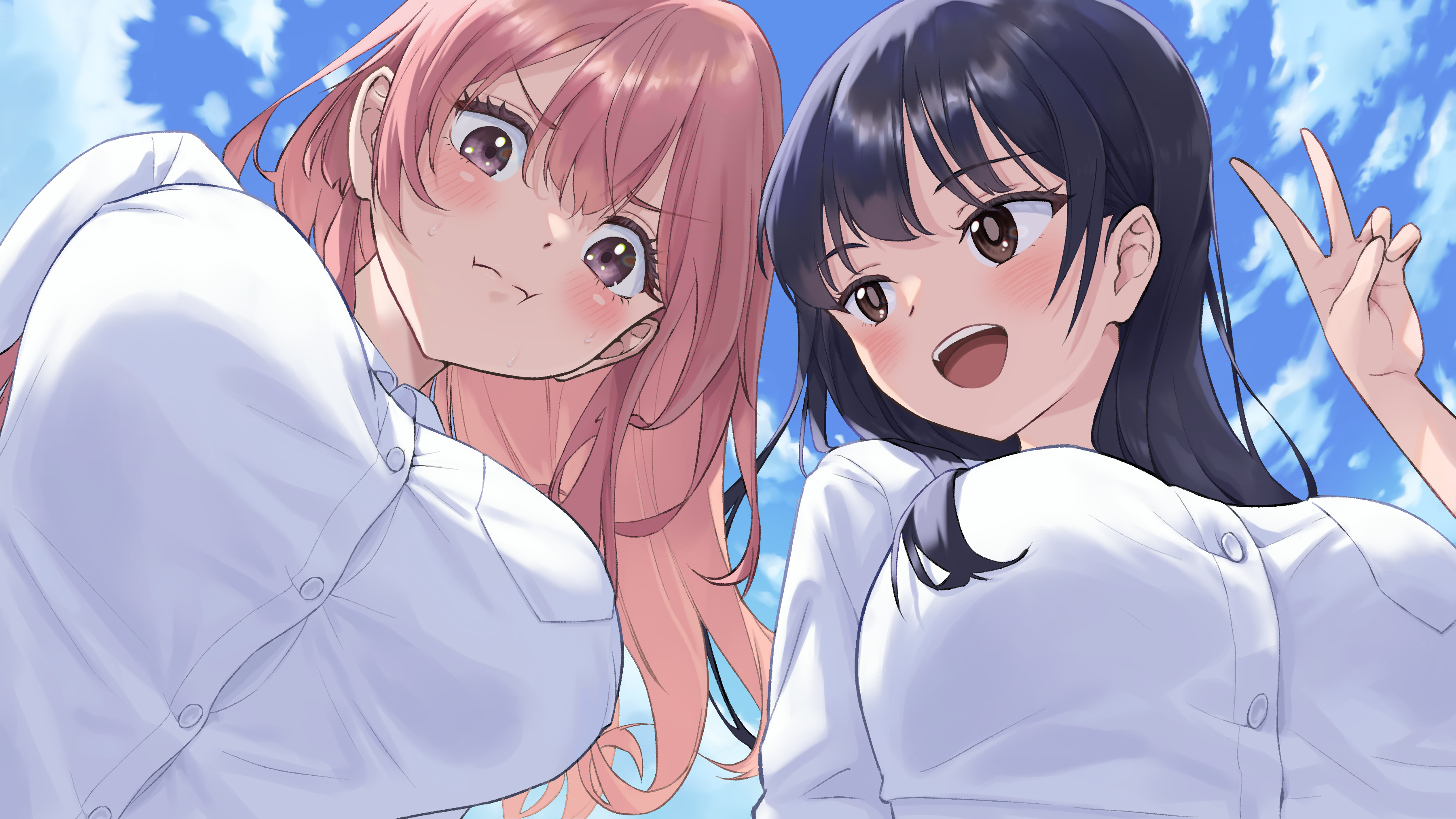 hyakusyo69, inui shinju, yamada anna, boku no kokoro no yabai yatsu, sono bisque doll wa koi wo suru, absurdres, commentary request, highres, 2girls, black hair, blush, breasts, brown eyes, collared shirt, crossover, from below, large breasts, long hair, looking at another, looking at viewer, looking down, multiple girls, pink eyes, pink hair, pout, shirt, sky, v, v-shaped eyebrows, voice actor connection, white shirt, youmiya hina