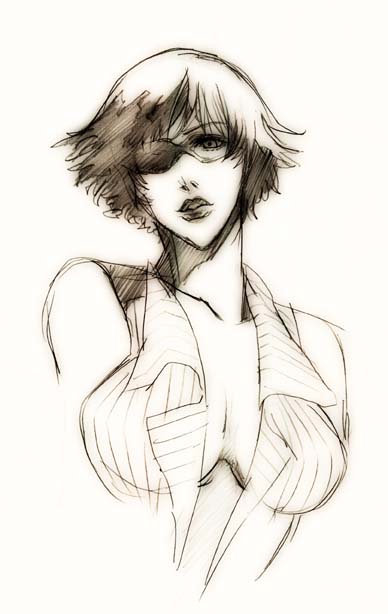 lady (devil may cry), capcom, devil may cry, devil may cry (series), devil may cry 4, 00s, 1girl, breasts, breasts apart, brown theme, female focus, huge breasts, lips, lipstick, makeup, monochrome, sketch, solo