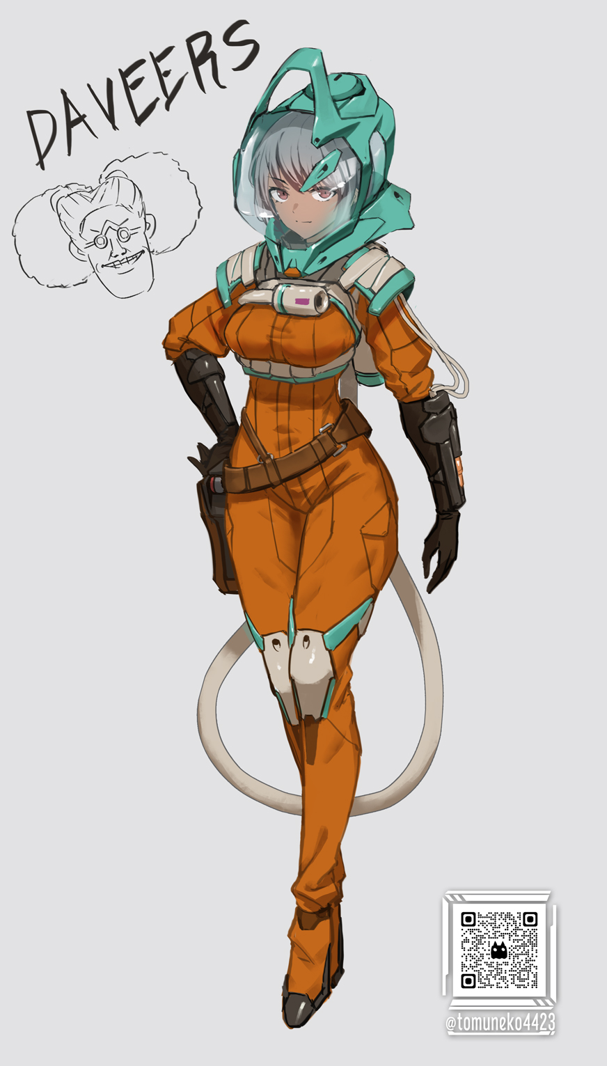 tom-neko (zamudo akiyuki), concord (game), highres, 2girls, artist name, bazz (concord), belt, belt pouch, black gloves, bodysuit, breasts, brown eyes, character name, dark-skinned female, dark skin, daveers (concord), gloves, grey background, grey hair, hand on own hip, helmet, medium breasts, multiple girls, orange bodysuit, pouch, qr code, space helmet, spacesuit