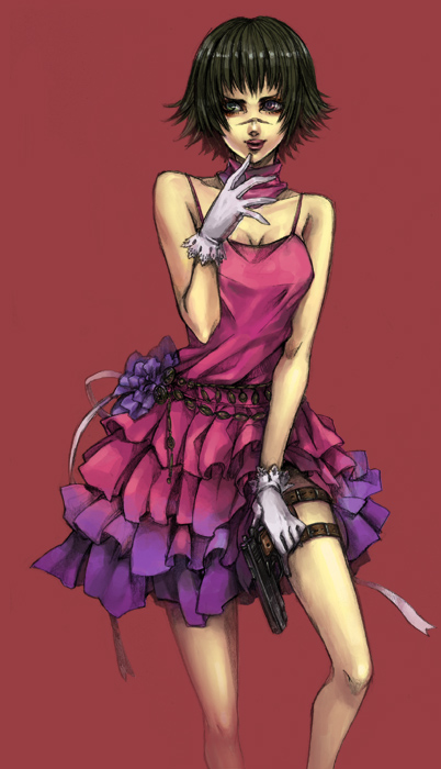 aka gan k, akagishi k, lady (devil may cry), capcom, devil may cry, devil may cry (series), devil may cry 3, 00s, 1girl, female focus, gloves, gun, heterochromia, scar, scar on face, scar on nose, solo, thigh strap, weapon