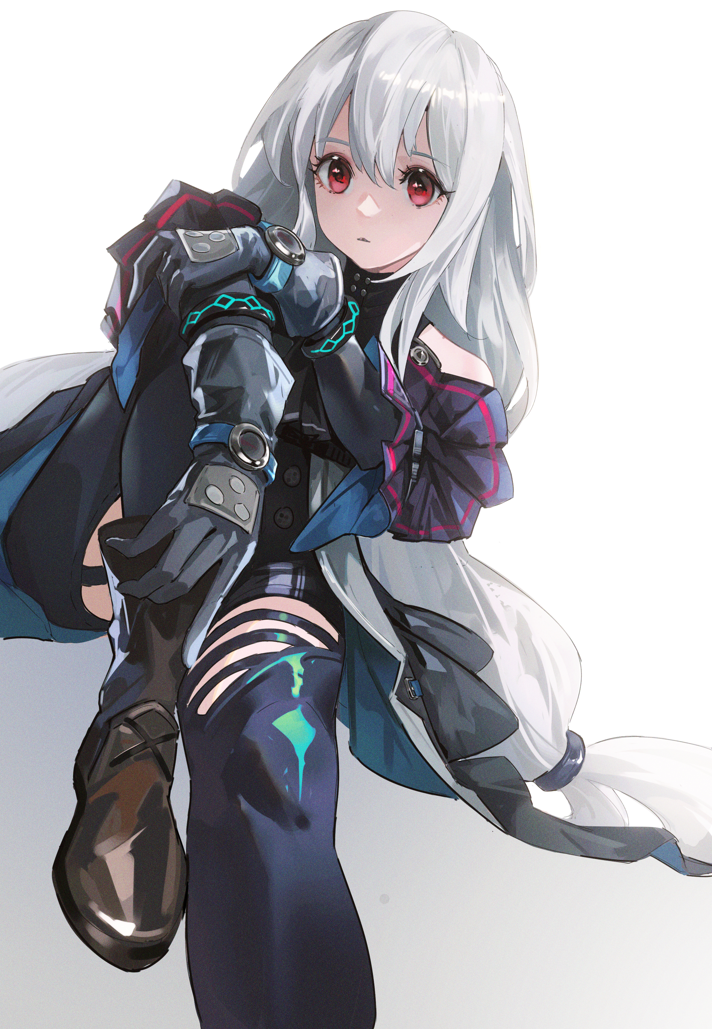 zuihou de miao pa si, infection monitor (arknights), skadi (arknights), skadi (elite ii) (arknights), arknights, absurdres, highres, 1girl, arm cuffs, arm on knee, ascot, bare shoulders, black ascot, black chaps, black gloves, black pants, black shirt, boots, chaps, clothing cutout, detached sleeves, dutch angle, foot out of frame, full body, gloves, grey hair, hair between eyes, head tilt, long hair, looking at viewer, low-tied long hair, no headwear, pants, parted lips, red eyes, shirt, shoes, simple background, sitting, solo, thigh cutout, very long hair, watch, white background, wristwatch