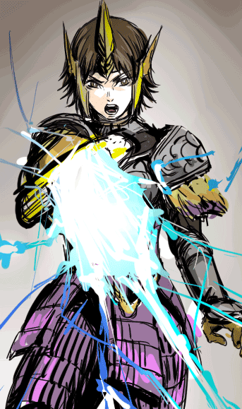 nattoucoroni, tachibana ginchiyo, sengoku musou, sengoku musou 2, 1girl, ;d, armor, electricity, female focus, full armor, grey background, helmet, looking at viewer, magic, one eye closed, open mouth, shoulder pads, simple background, smile, solo, standing