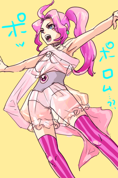 nattoucoroni, porom, porom (adult), final fantasy, final fantasy iv, final fantasy iv: the after years, 1990s (style), 1girl, armpits, belt, blue eyes, breasts, character name, earrings, female focus, jewelry, open mouth, patterned legwear, pink hair, pink thighhighs, retro artstyle, see-through clothes, simple background, solo, striped clothes, striped thighhighs, thighhighs, underboob, vertical-striped clothes, vertical-striped thighhighs