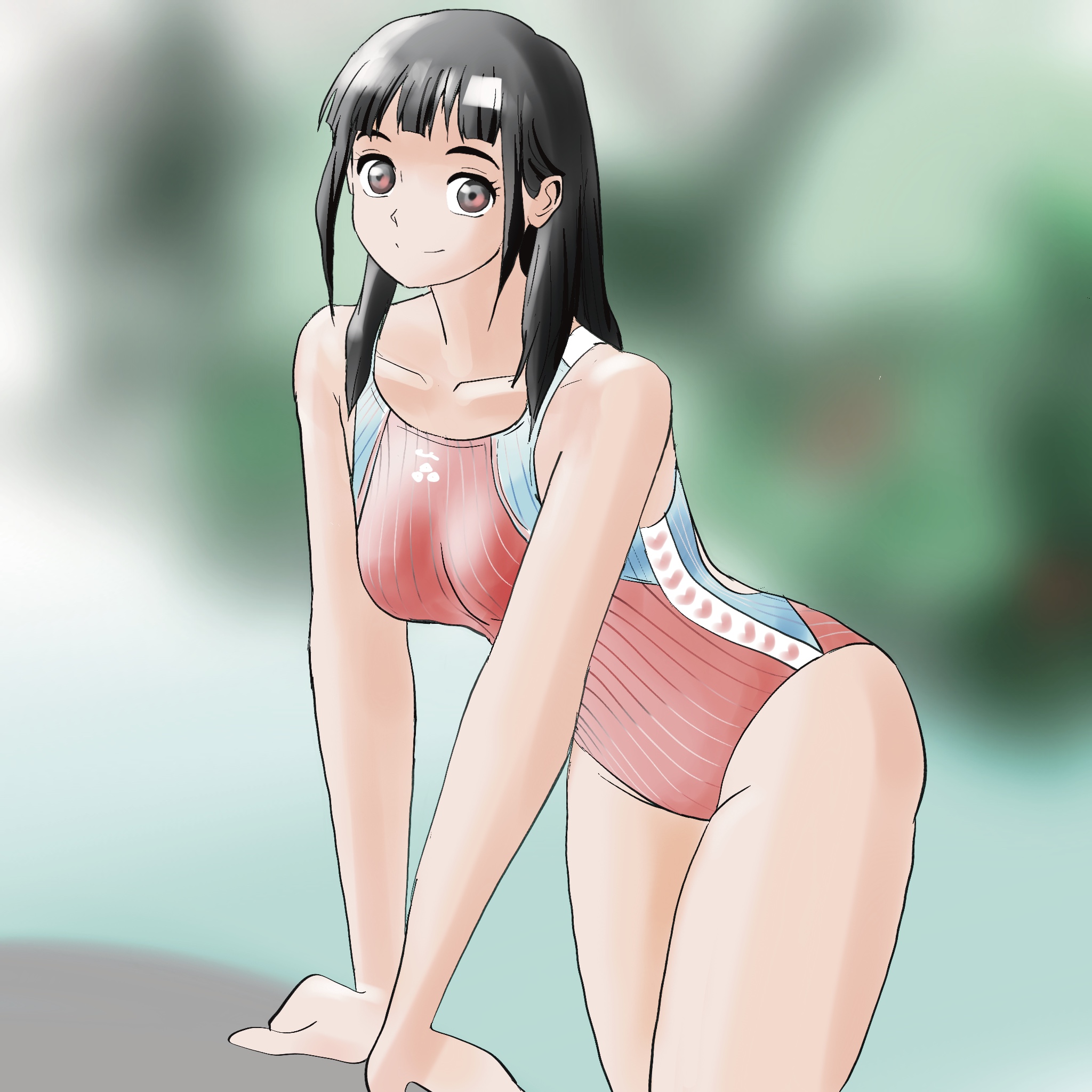 pict9370, original, commentary request, highres, 1girl, black hair, blurry, blurry background, collarbone, competition swimsuit, leaning forward, long hair, looking at viewer, one-piece swimsuit, solo, swimsuit