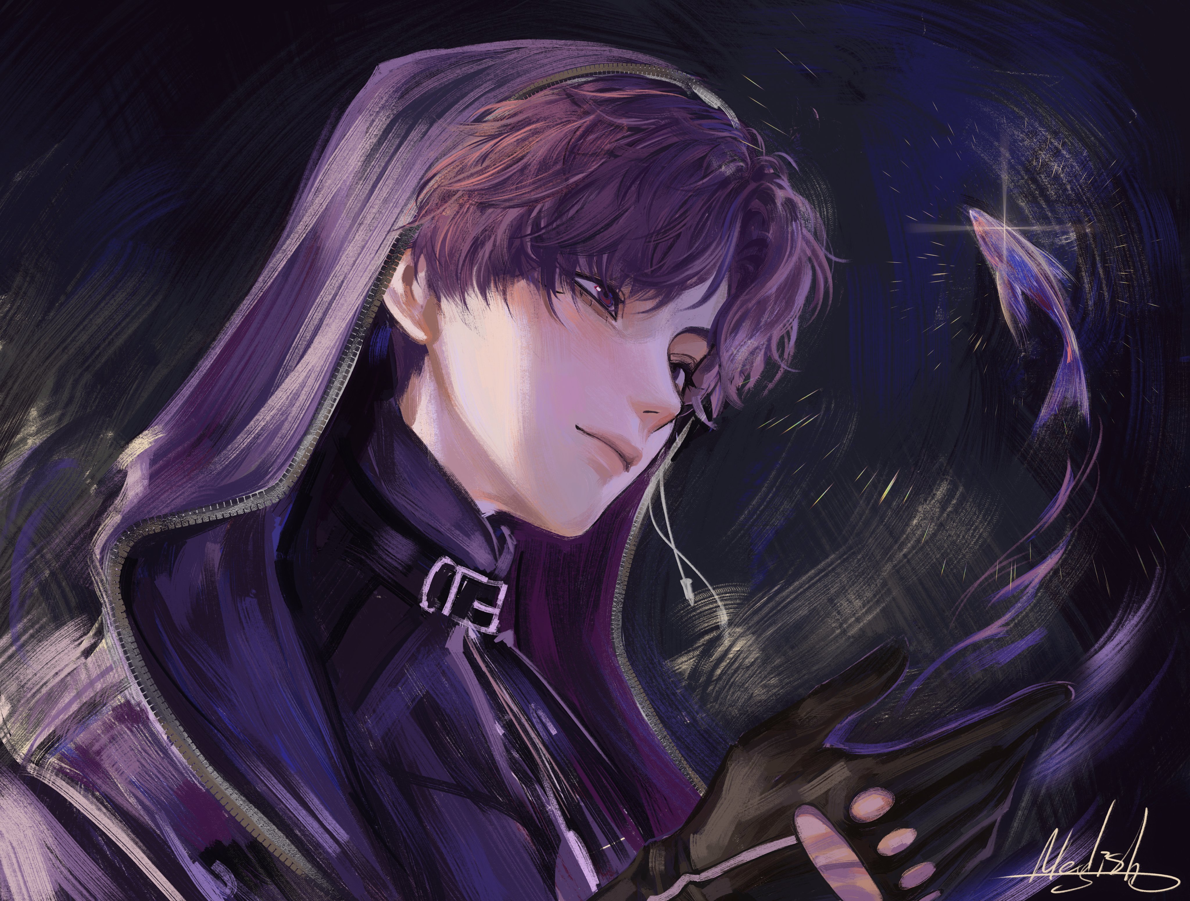 meylish, rafayel (love and deepspace), love and deepspace, absurdres, commentary, highres, 1boy, artist name, black background, black gloves, closed mouth, gloves, hood, hood up, hooded jacket, jacket, male focus, nose, purple eyes, purple hair, purple jacket, short hair, signature, solo, upper body