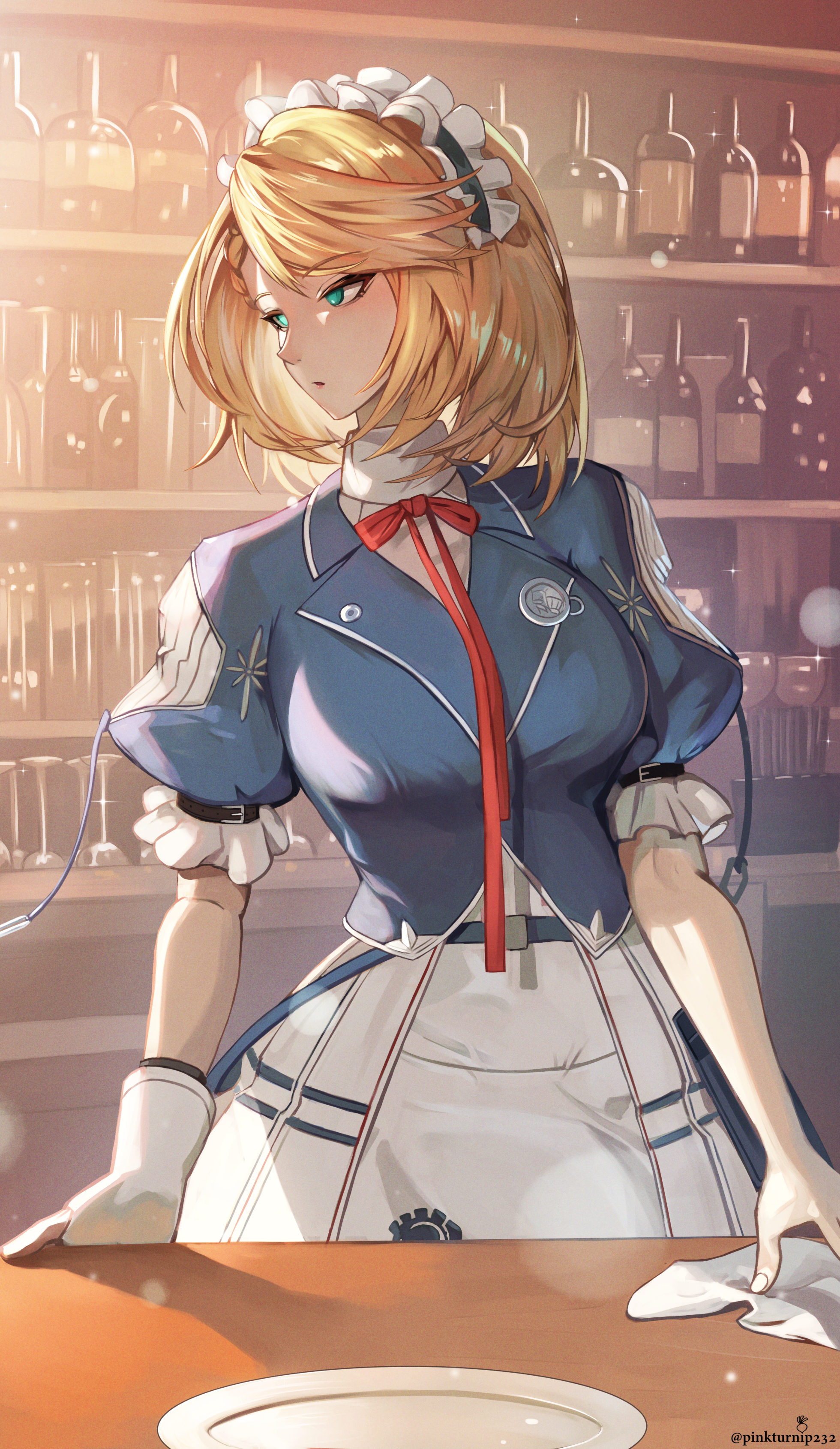 pinkturnip232, centaureissi (girls' frontline 2), g36 (girls' frontline), girls' frontline, girls' frontline 2: exilium, absurdres, highres, 1girl, bar (place), blonde hair, blue eyes, blue shirt, blush, bored, breasts, expressionless, gloves, indoors, looking to the side, maid headdress, medium breasts, medium hair, medium skirt, shirt, single glove, skirt, solo, standing, white gloves, white skirt